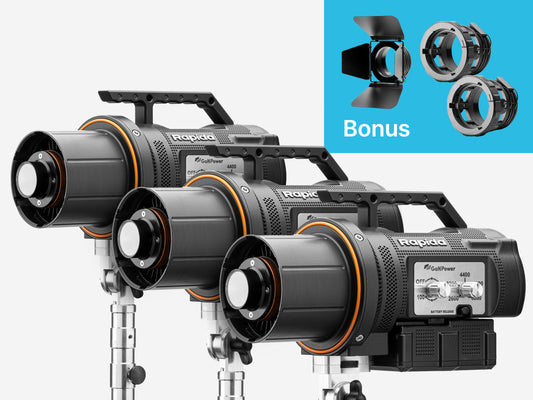 Maxima Rapida 3-Light Bundle with 2 Bowens Locking Rings & Barndoors