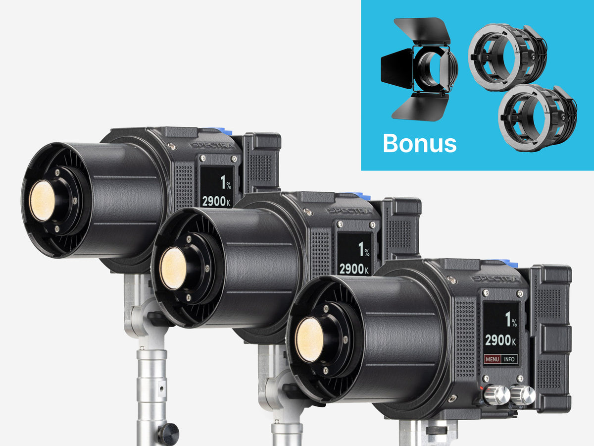 Maxima Spectra 3-Light Bundle with 2 Bowens Locking Rings & Mini Barndoors