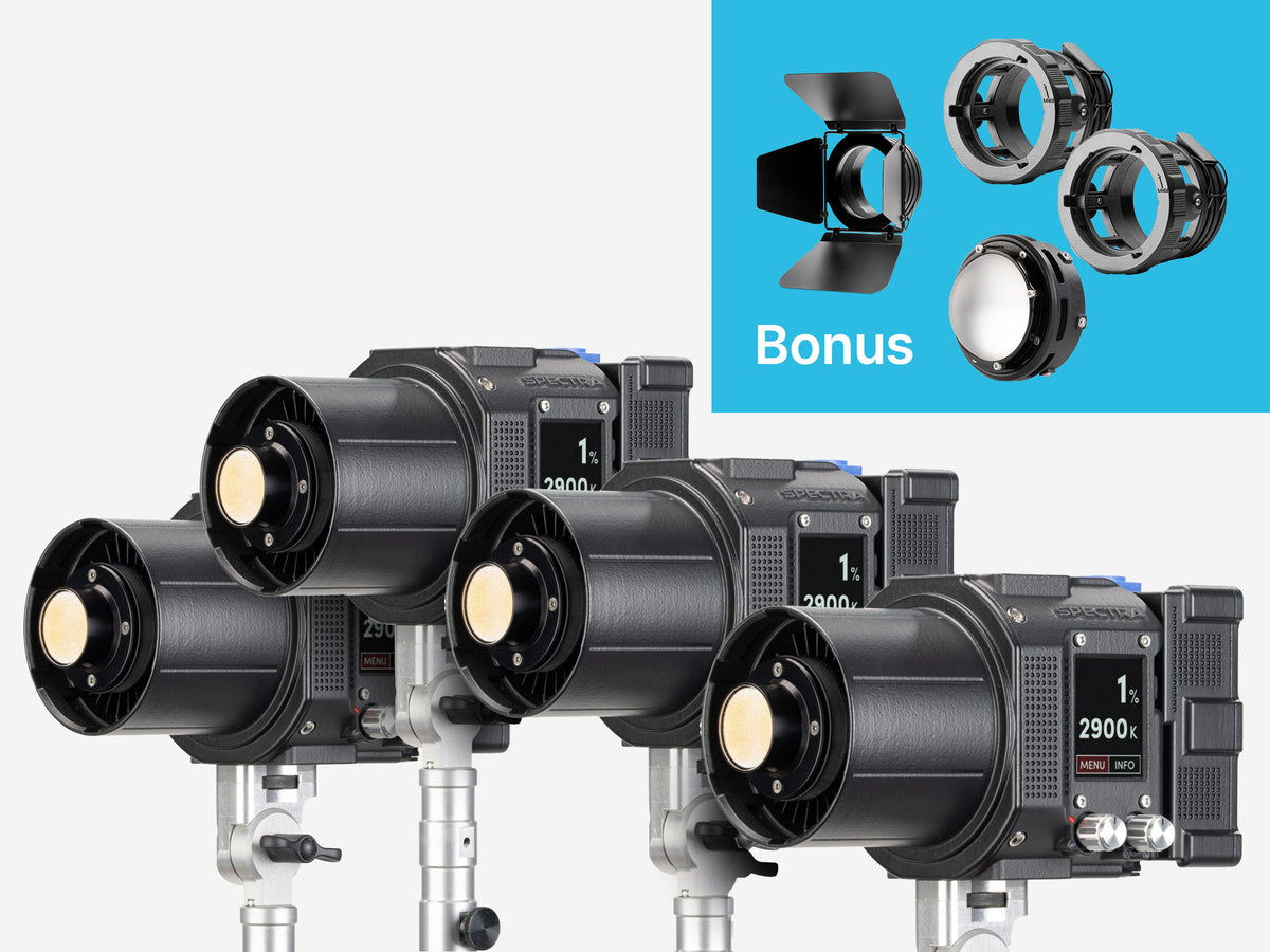 Maxima Spectra 4-Light Bundle with 2 Bowens Locking Rings, Mini Barndoors & Frosted Dome